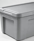 Heavy Duty 30 Gallon Plastic Storage Bin With A No Hassle Snap Closure Built Tough For Massive Household Items Plus Plenty Of Room For Seasonal Gear side view of gray plastic bin with lid