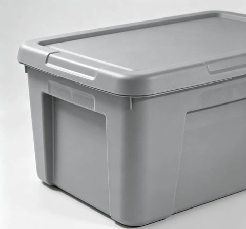 Heavy Duty 30 Gallon Plastic Storage Bin With A No Hassle Snap Closure Built Tough For Massive Household Items Plus Plenty Of Room For Seasonal Gear side view of gray plastic bin with lid