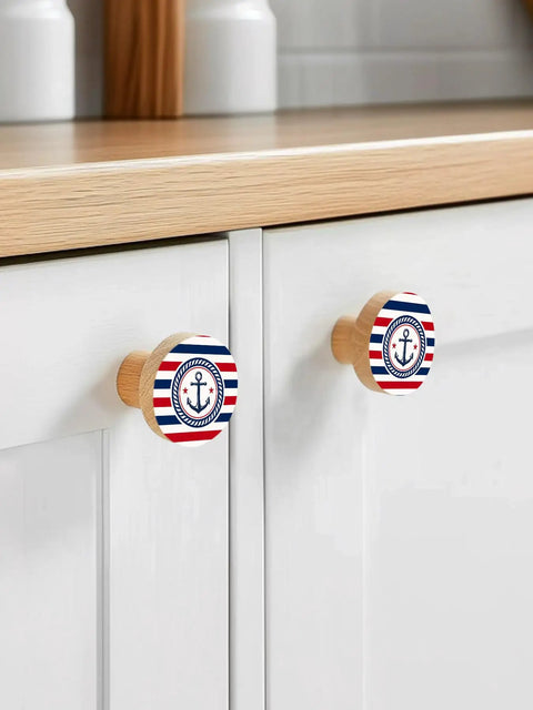 Top Shelf Beech Wood Cabinet Knobs Set Two Piece One Point Four Inch Sturdy Wooden Drawer Pulls For Kitchen Cupboard Dresser with anchor design.