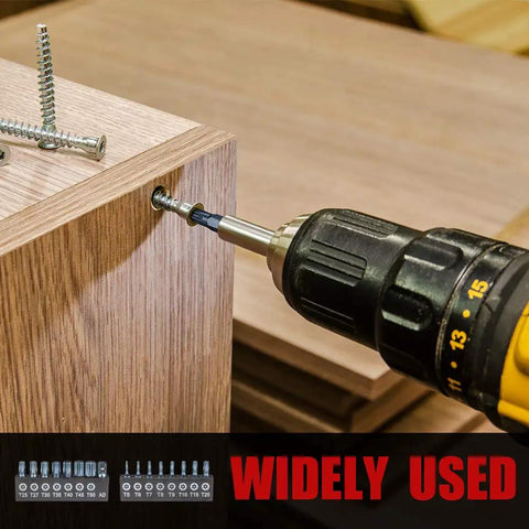 Heavy Duty 16 Piece Security Torx Bit Set T5 To T50 With S2 Steel Construction in use with drill on wooden surface, anti rust finish.