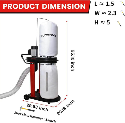 This Badass 1.2 HP Auto Start Dust Collector Kicks Out 750 CFM Of Shop Air For Woodworking Shops. Dimensions shown.