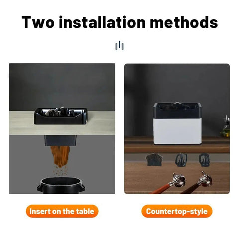Electric Portafilter Cleaner Slaps Coffee Grounds Out Of Your Filter Effortlessly, showcasing two installation methods.