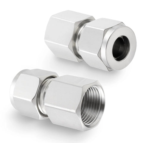 Stainless steel compression tube fitting coupler with double ferrules, 1/4 in tube OD x 1/8 in NPT female, pack of 2