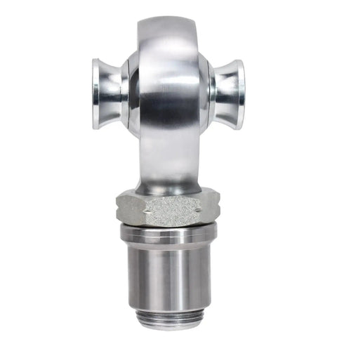 Track Day Ready Chromoly Rod End Ball Joint featuring one inch bore and one one quarter twelve thread, shiny finish, front view.