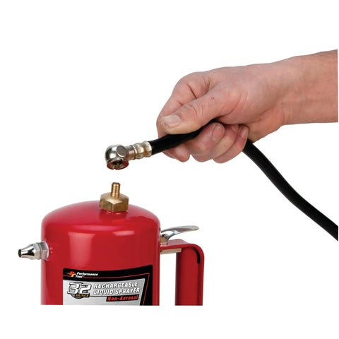 Eco-Friendly Non-Aerosol Reusable Liquid Sprayer Powered By Your Compressor, 80-150 PSI, shown connecting hose