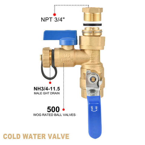 Three Quarter Inch IPS Isolator Tankless Water Heater Service Valve Kit with Pressure Relief Valve, clean brass, blue handle