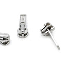Zip Repair Kit With Metal Aluminum Sliders And Top And Bottom Stops, Assorted Sizes 3, 4.5, 5, And 10, Easy Storage Container, Fix Broken Zippers Fast, showing assorted metal aluminum zipper sliders.