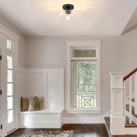 Matte Black Flush Mount Ceiling Light With Clear Glass Shade For Hallways And Entryways, Dope Modern Vintage Style