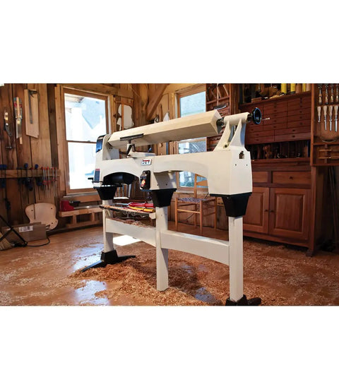 Forty Three Inch Lathe Bed Extension For Jwl 1221Vs Woodworking Turnery Crafted From Heavy Duty Cast Iron installed in a workshop.