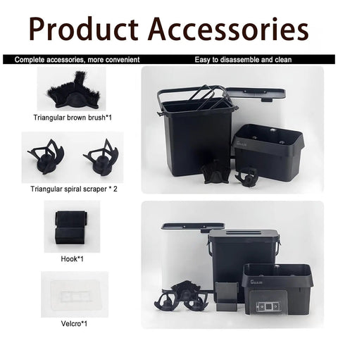 No Sweat Coffee Game Changer Electric Portafilter Cleaner with Knock Box, includes brush, scrapers, hook, and Velcro accessories.