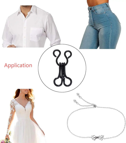 60-Piece Hooks And Eyes Go-To Closure Set for Bra Clothing Trousers and Skirts DIY Craft, black hook and application examples