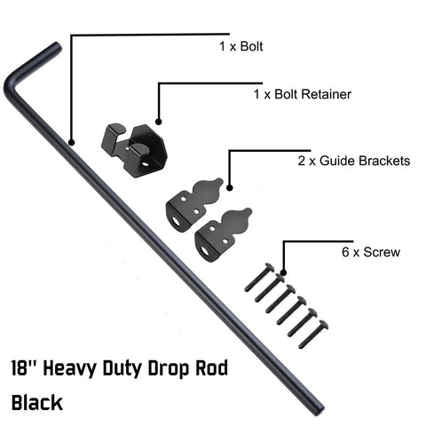 18 Inch Drop Cane Bolt Gate Latch, Beefy Heavy Duty Black Solid Steel Ground Drop Rod For Wood Metal PVC Vinyl Fences And Doors, Corrosion Resistant Outdoor Gate Hardware, 1 Pack with components