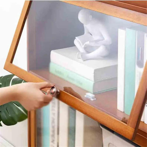 Two Tier Bamboo Desk Book Shelf With Hovering Clear Plastic Door Organizer Rack Space Saving Office Display Shelf for decor.