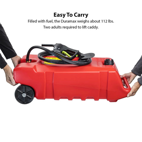 Two people lifting a red Flo N Go 14 Gallon Gas Caddy On Wheels With 53 Liter Portable Fuel Tank And Built In 10 Foot Hose And Fuel Transfer Pump