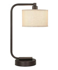 Modern dark bronze bedside table lamp with USB port, linen fabric drum shade, sturdy base for bedroom, living room, office use