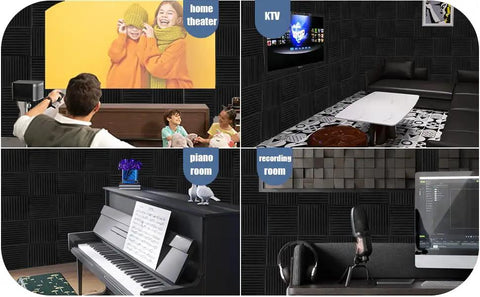 50 Pack Black Wedge Acoustic Foam Panels 1x12x12 Inches High Density Sound Absorbing Wall Tiles For Recording Studios And Game Rooms Rock Solid Noise Blocking To Take Echo Off The Map Fast installed as acoustic treatment in a home theater and recording room.