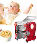 LEONEBEBE Electric Pasta Maker For Home Use Commercial Dough Sheeter Auto Noodle Press in red with child enjoying noodles.