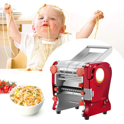 LEONEBEBE Electric Pasta Maker For Home Use Commercial Dough Sheeter Auto Noodle Press in red with child enjoying noodles.