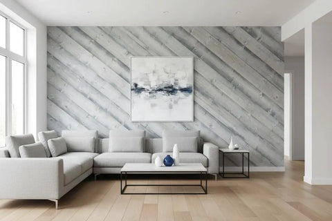 Interior living room with light oak wood wall, modern furniture, and Top Tier Light Oak Reactive Water Based Wood Stain Zero VOC Heavy Duty 55 Gallon Drum.