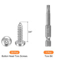 Solid As A Rock Number Ten By Three Quarter Inch Button Head Torx Security Screws Paired With One T25 Driver Bit showing sizes and design.