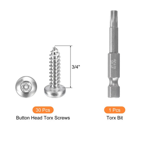 Solid As A Rock Number Ten By Three Quarter Inch Button Head Torx Security Screws Paired With One T25 Driver Bit showing sizes and design.