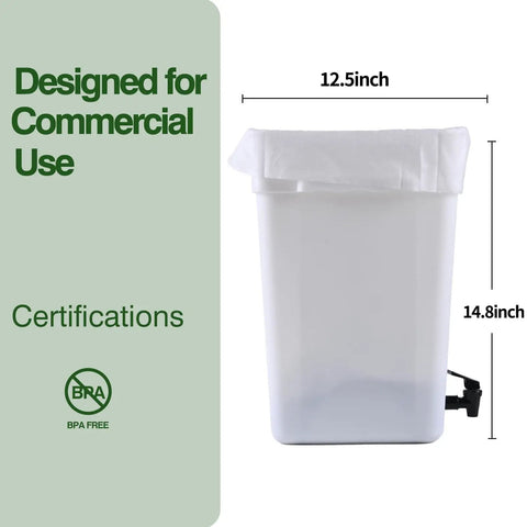 5 Gallon Commercial Cold Brew System For Home Office Or Small Cafe That Lets You Brew Big Batches For A Week Or More Plus No Mess Spigot And Food Grade Materials With A Handy Recipe Guide Included, BPA free, side view with dimensions.