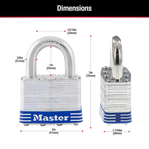 Two dimensional views of Outdoor Padlock With Key, 2 Pack Keyed Alike, Heavy Duty Weatherproof Lock dimensions and details shown.