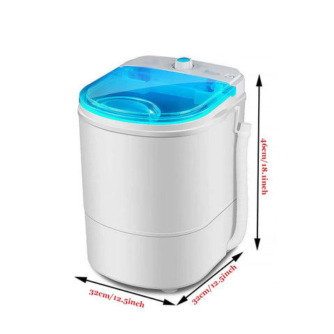 No Fuss Portable Washing Machine With Ultrasonic Deep Clean And Smooth Spiral Rinse 10 Lb Compact Washer Dryer Combo in white with blue lid, measures 32x46cm.