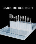 Heavy Duty Tungsten Carbide Burr Set For Die Grinder Bits Twenty Pieces One Eighth Inch Shank Double Cut Rotary Burrs in plastic case