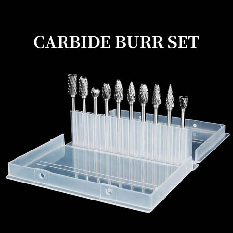 Heavy Duty Tungsten Carbide Burr Set For Die Grinder Bits Twenty Pieces One Eighth Inch Shank Double Cut Rotary Burrs in plastic case