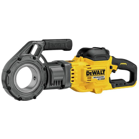DeWalt Flexvolt 60V Max Brushless Pipe Threader Kit With Die Heads, cordless power tool for demanding tasks, side view.