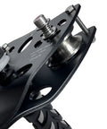 Close-up of Beefy Tandem Speed Double Pulley System For Zip Lines 45kN Break Load High Tensile Steel Alloy