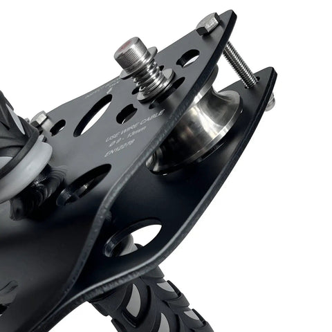Close-up of Beefy Tandem Speed Double Pulley System For Zip Lines 45kN Break Load High Tensile Steel Alloy