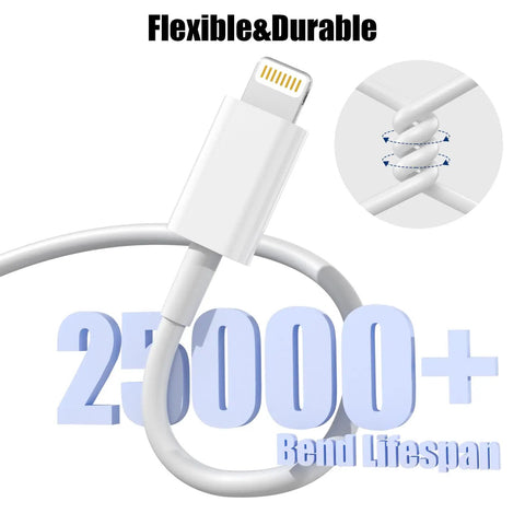 CarPlay USB A To Lightning Charging Cable For iPhone And iPad 3 Foot Car Charger Cord with text '25000+ Bend Lifespan'