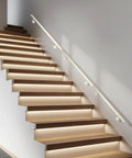 Heavy Duty Stainless Steel Wall Mounted Stair Handrail Set Silver Baked Enamel Finish Secure Anti Skid Grip Triple Pack on lit wooden stairs.
