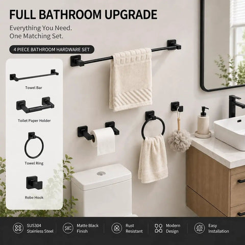 Matte Black 4-Piece Bathroom Hardware Set, Stainless Steel Wall Mounted Kit With 23.6 Inch Towel Bar, Toilet Paper Holder, Towel Ring, Robe Hook displayed above a toilet and sink in a modern bathroom.