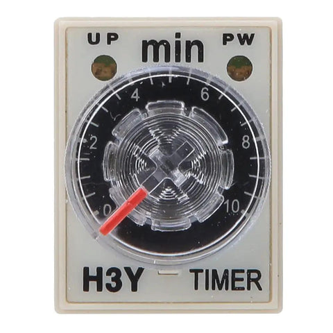 Built Tough H3Y2 Time Relay 8 Pin Base 24 Volts Adjustable Electronic Timer With Dead On Precision For Home Appliances And Industrial Control Reliable No Fuss Switching Zero To Ten Minute Delay showing timer dial with minute markings and red indicator.