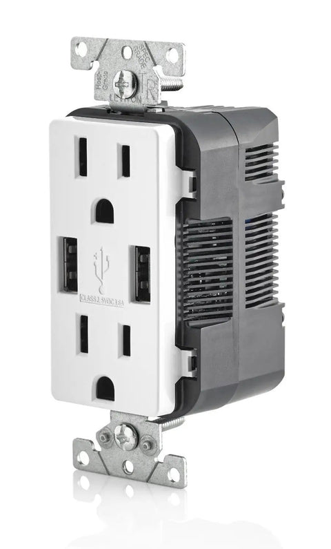 Smart USB Charger Tamper Resistant Duplex Receptacle 15 Amp Upgrade Your Home Office Setup With No Fuss Two High Powered USB Ports Delivering Three Point Six Amp Total Eighteen Watts Built In Smart Chip Optimizes Each Device White Eight Pack