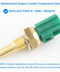 Engine coolant temperature sensor with brass body and green plastic connector, close-up.