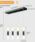 Four Light Modern Pendant Light For Kitchen Island With Dimmable LED Black And Gold Finish Contemporary Dining Room Ceiling Fixture Great For Bar Counter Or Breakfast Nook Sleek Metal Aluminum Design showing dimensions and design.