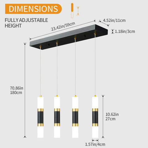 Four Light Modern Pendant Light For Kitchen Island With Dimmable LED Black And Gold Finish Contemporary Dining Room Ceiling Fixture Great For Bar Counter Or Breakfast Nook Sleek Metal Aluminum Design showing dimensions and design.
