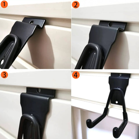 Close-up of Black Slatwall Hooks And Hangers Set, 8 Pack, heavy-duty wall mount for garage organization, easy mounting on slatwall