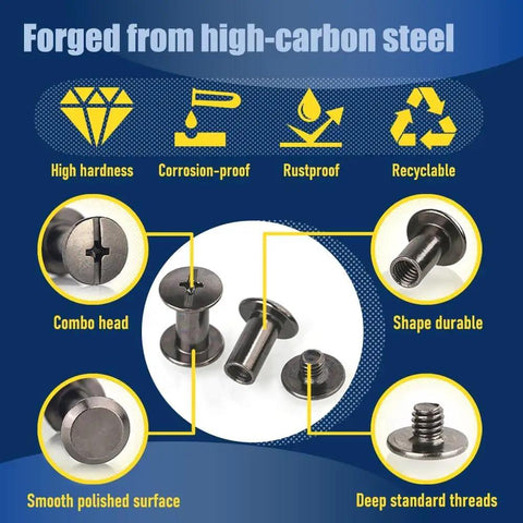 Hella Durable Chicago Screws For Leatherworking M5 X 5Mm Gunmetal Black Hardware 60 Same Size Sets showing high-carbon steel construction details.