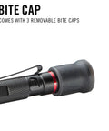 Rechargeable 500 Lumen LED Penlight With Twist Focus For Everyday Carry And Medical Law Enforcement Pilots And Military Compact Pocket Size In Green showing bite cap detail.