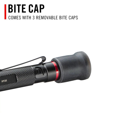 Rechargeable 500 Lumen LED Penlight With Twist Focus For Everyday Carry And Medical Law Enforcement Pilots And Military Compact Pocket Size In Green showing bite cap detail.