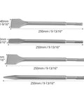 Masonry Chisel Set Four Piece For Rotary Hammer Drills with point, flat, and scaling chisels, made with 40CrMo alloy steel for demolition.