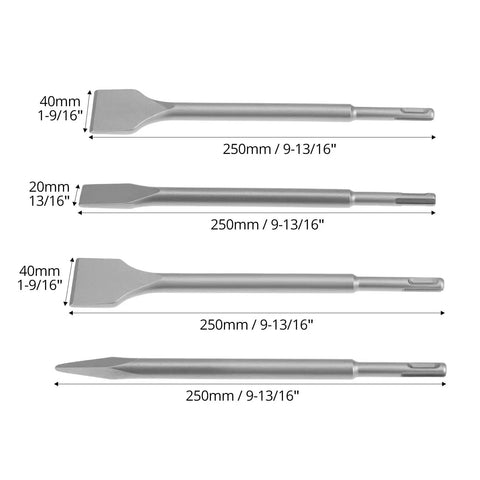 Masonry Chisel Set Four Piece For Rotary Hammer Drills with point, flat, and scaling chisels, made with 40CrMo alloy steel for demolition.