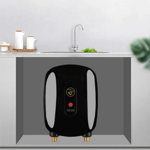 Instant Tankless Water Heater With Smart Digital Flow Valve Delivers Quick 3000w On Demand Hot Water For Kitchen Counter Or Bath Tub Setup So You Can Keep It Moving compact unit installed under a sink.