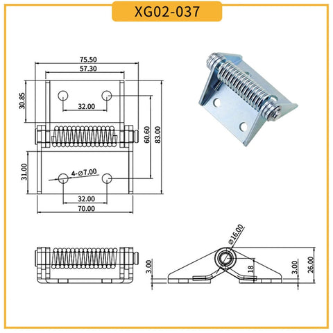 self-closing iron hinge with detailed technical drawing and image of durable spring mechanism for heavy load doors