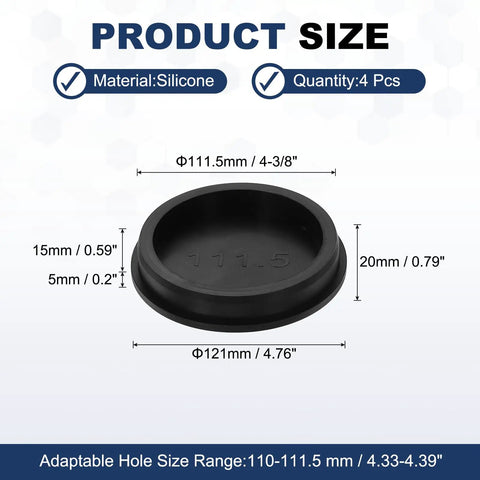 Four Pack T Shaped Silicone Plugs For 110 To 111.5mm Holes, Snap In Round Rubber Seals, 111.3mm Diameter, Black